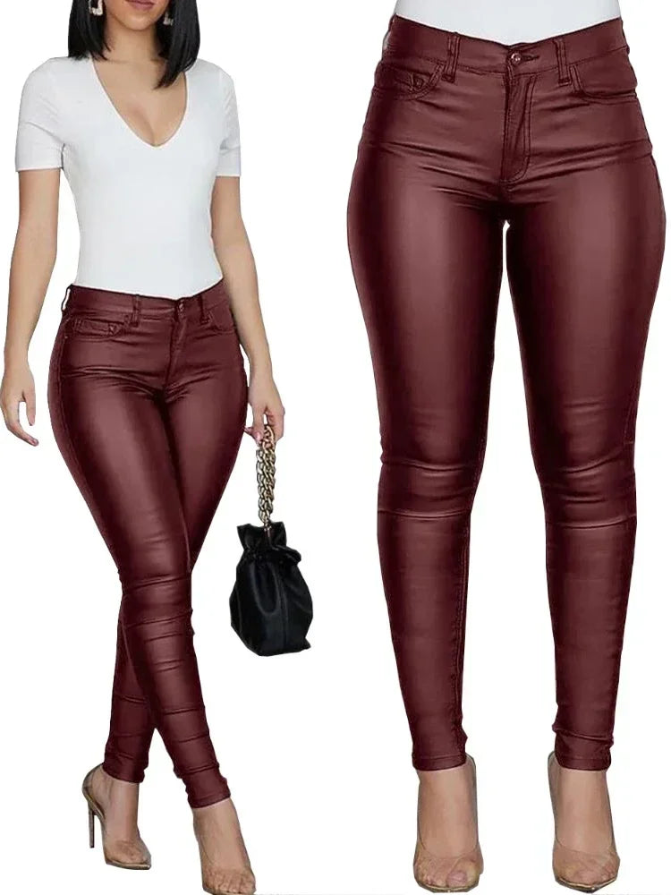 Mid Waist Leather-Look Pants – Figurbetonte Bleistifthose